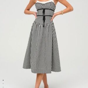 NWT For Love & Lemons 🍋 Georgia Black and White Gingham Midi Dress